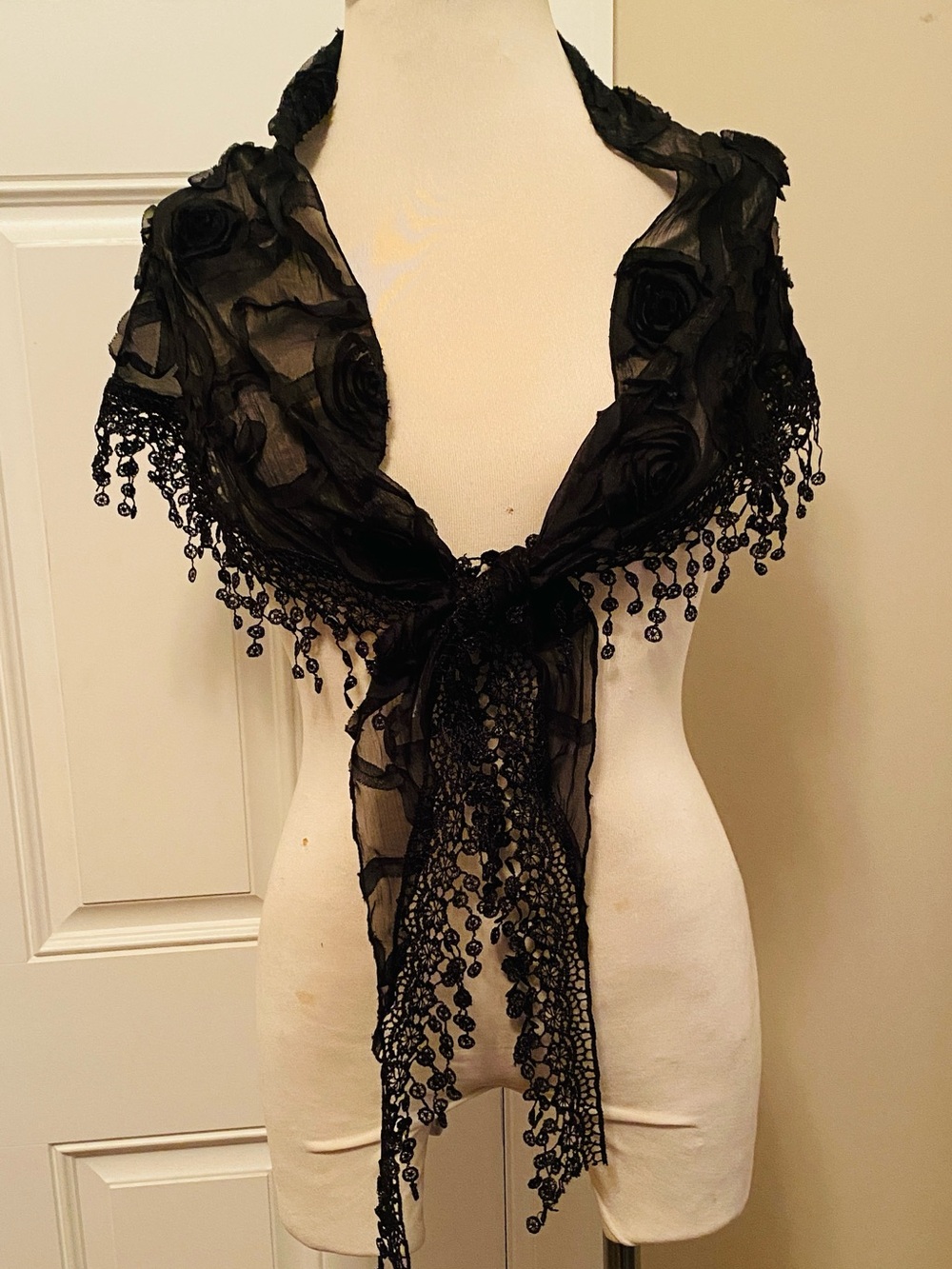 Sheer Black Floral  Scarf  with Fringe